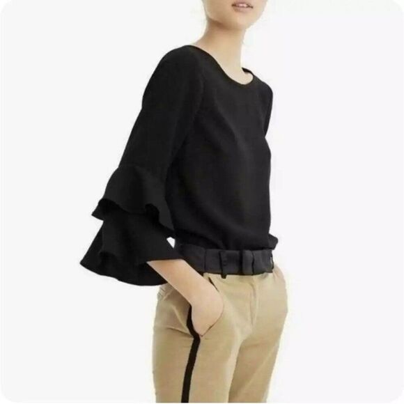 🦋 J.CREW 🦋 Tiered Bell-Sleeve Drapey Crepe Top - [Size 0, Black] - Picture 1 of 14